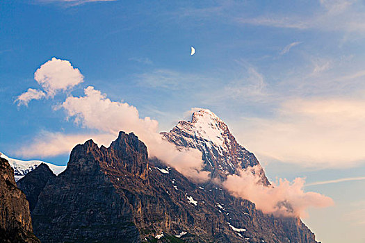 攀升,艾格尔峰,日落,半月,天空,伯尔尼阿尔卑斯山,伯恩,瑞士