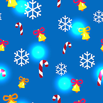 无缝,蓝色,图案,圣诞装饰,矢量,插画,无限,纹理,包装纸,黄色,铃,粉色,蝴蝶结,白色,雪花,冰糕,光泽,斑点