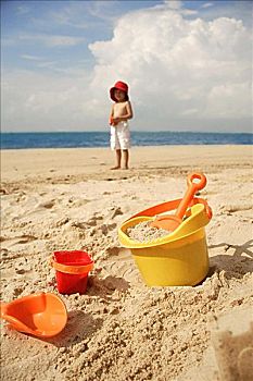 男孩,海滩,桶,玩具,前景