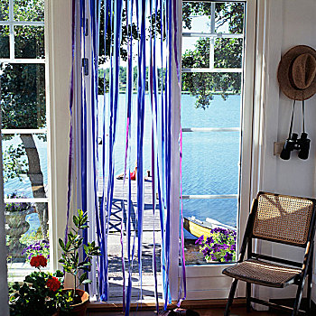 椅子,编织物,背影,座椅,靠近,落地窗,木码头,联系,房子,湖