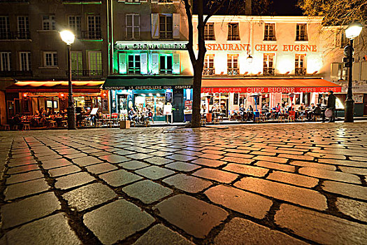 街道咖啡店,夜晚,蒙马特尔,巴黎,法兰西岛,法国,欧洲