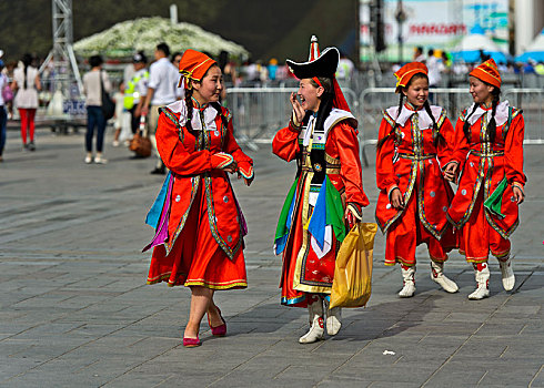 愉悦,女孩,传统服装,乌兰巴托,蒙古,亚洲