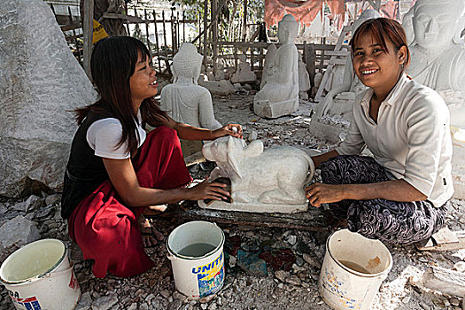 女孩,清洁,大理石,石匠,曼德勒,分开,缅甸,亚洲