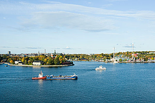 瑞典,斯德哥尔摩,湖,拖船,推,驳船,城市,背景