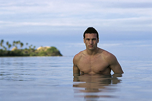 肖像,年轻,男人,水,海滩,斐济