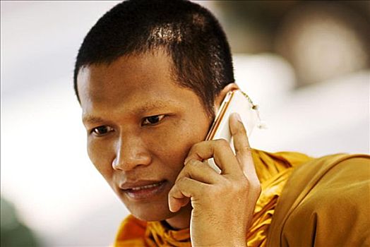 泰国,曼谷,和尚,交谈,手机