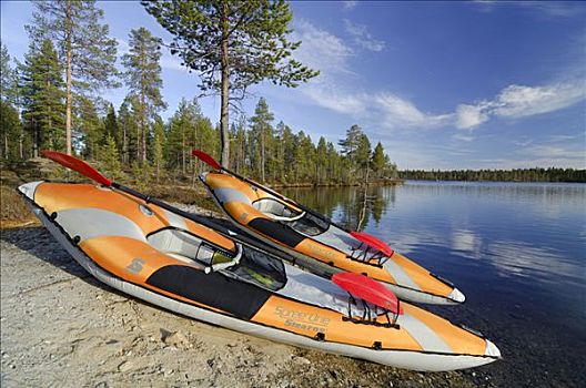 两个,皮划艇,岸边,湖,国家公园,挪威,斯堪的纳维亚