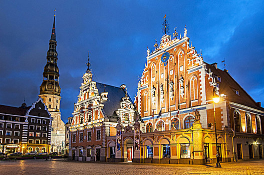 市政厅,广场,房子,圣徒,教堂,老城,里加,晚上,拉脱维亚