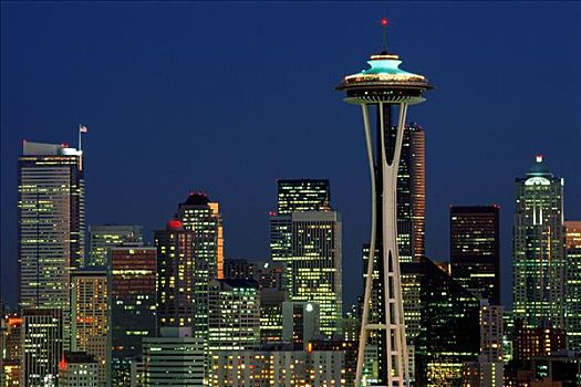 城市天际线,太空针,夜景,西雅图,华盛顿,美国