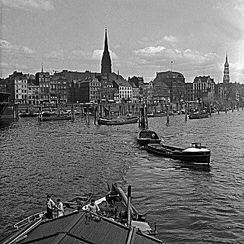 驳船,船,汉堡市,港口,风景,尼古拉斯,教堂,德国,20世纪30年代