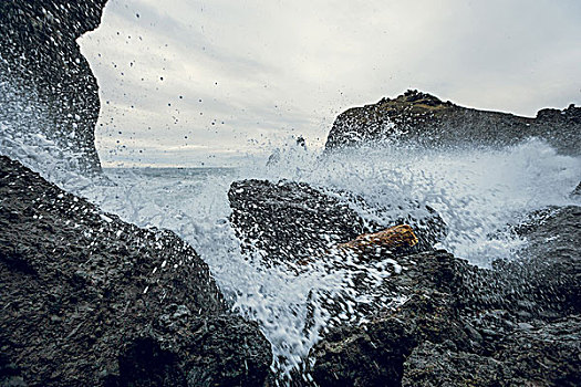 风暴,海洋,溅,石头,雷克雅奈斯,冰岛