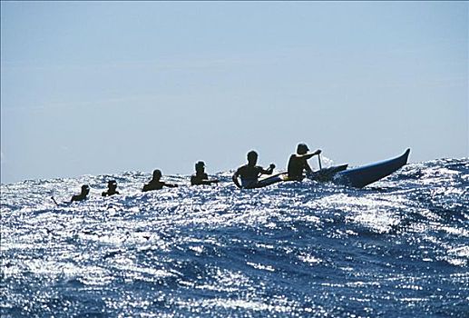 夏威夷,独木舟,桨手,海洋,鲜明,下午