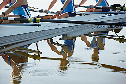 反射,女性,桨手,划船,短桨,湖