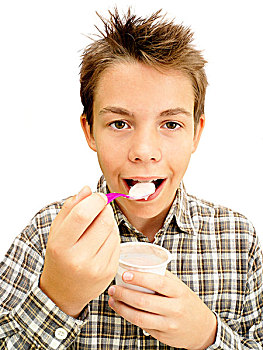 头像,男孩,青少年,吃,酸奶