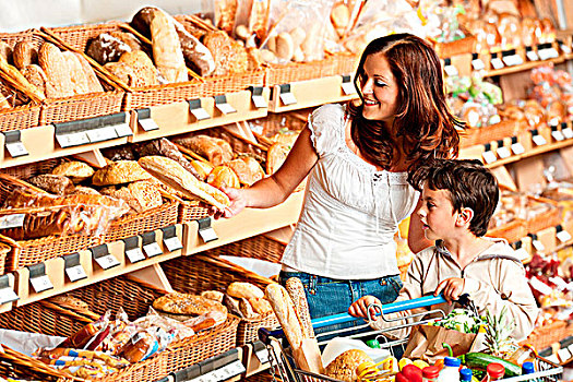 杂货店,购物,棕发,女人,买,面包