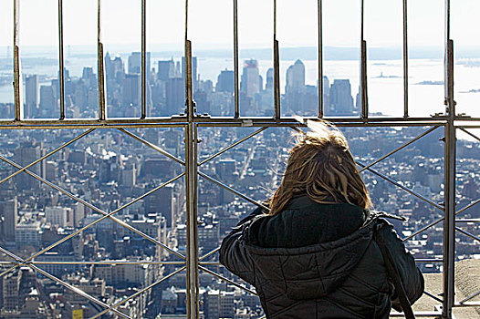 眺望台,帝国大厦,纽约,女人,安全,栏杆,风景