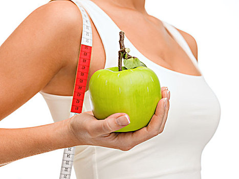健身,节食,概念,特写,女性,手,苹果,卷尺
