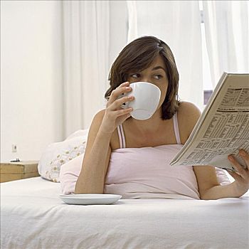 女人,床上,茶,纸