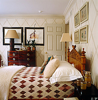 墙壁,卧室,风情,涂绘,竹子,格子,图案,床,旧式,美洲,落地灯,设计