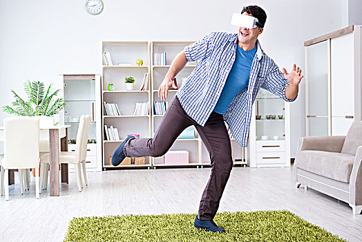 男人,虚拟现实,眼镜,玩,在家