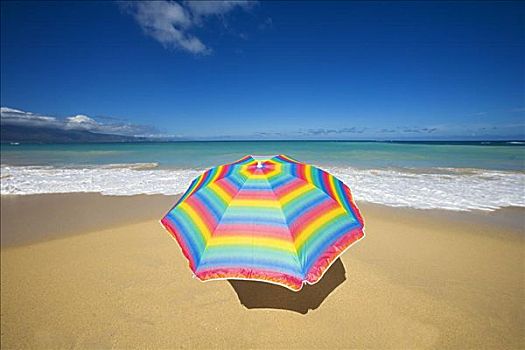 鲜艳,海滩伞,沙子,靠近,海洋