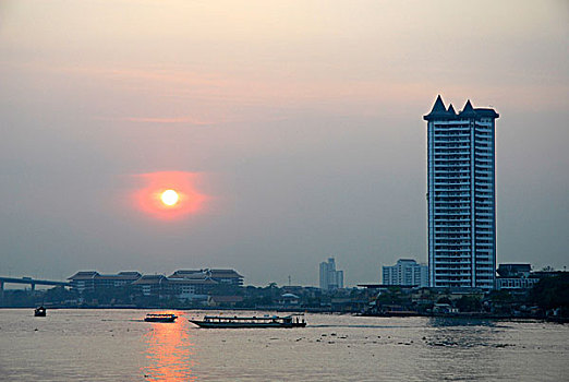 日落,高,上升,建筑,河,风景,区域,曼谷,泰国,亚洲