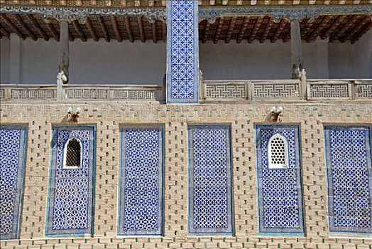 墙壁,装饰,蓝色,仰视,露台,宫殿,希瓦,乌兹别克斯坦