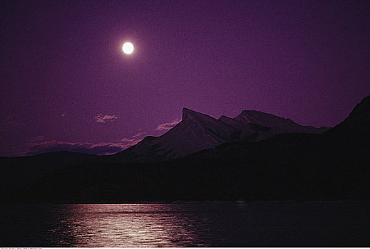 月出,上方,山峦,湖,艾伯塔省,加拿大