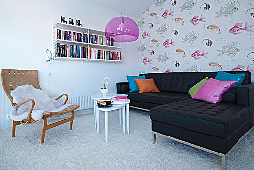 扶手椅,毯子,黑色,沙发,组合,白色,边桌,苍白,地毯,墙壁,壁纸
