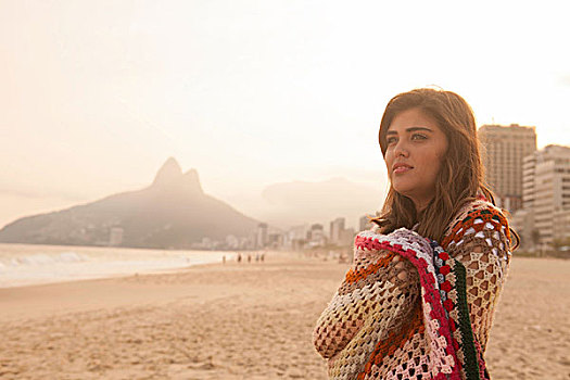 美女,毯子,伊帕内玛海滩,里约热内卢,巴西