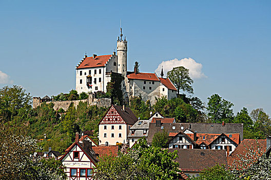城堡,新哥德式,仰视,房子,上弗兰科尼亚,巴伐利亚,德国,欧洲