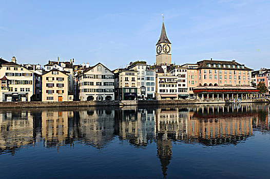 教堂,堤岸,利马特河,苏黎世,瑞士,欧洲
