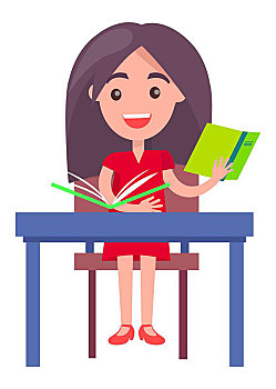 女生,学习,书桌,矢量,插画,简约,彩色,隔绝,图像,微笑,绿色,书本,拿着,手