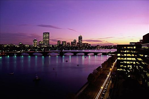 剪影,桥,河,查尔斯河,波士顿,马萨诸塞,美国