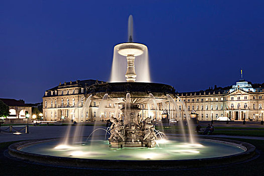 城堡,宫殿,喷泉,夜晚,斯图加特,巴登符腾堡,德国,欧洲