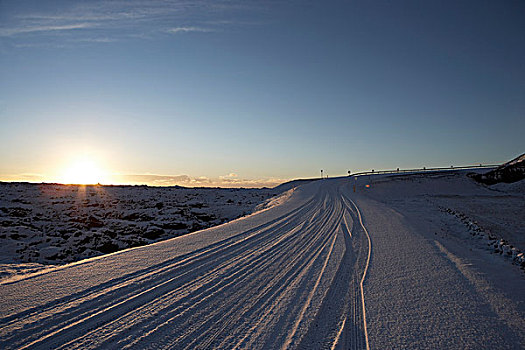轮胎印,雪中,途中,日出,雷克雅未克,冰岛