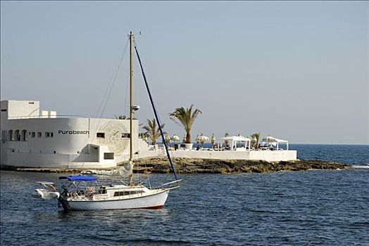 白色,帆船,正面,俱乐部,海岸,地中海,罐,马略卡岛,巴利阿里群岛,西班牙,欧洲