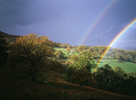 威尔士,登比郡,靠近,兰戈伦,一对,彩虹,上方,山