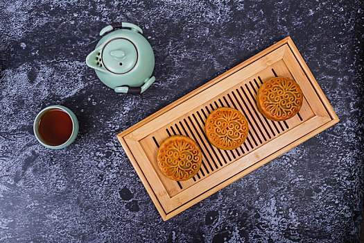 黑色,桌面上,茶具,竹子,盘上,月饼