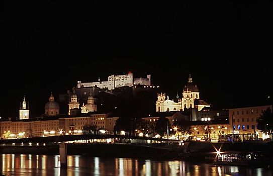 宫殿,夜晚,米拉贝尔,萨尔察赫河,河,萨尔茨堡,奥地利
