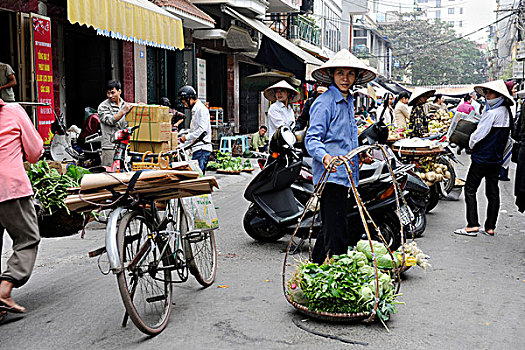 街道,场景,女人,销售,蔬菜,河内,北越,越南,东南亚,亚洲