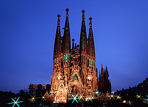 神圣家族教堂,夜景,世界遗产,巴塞罗那,西班牙,欧洲