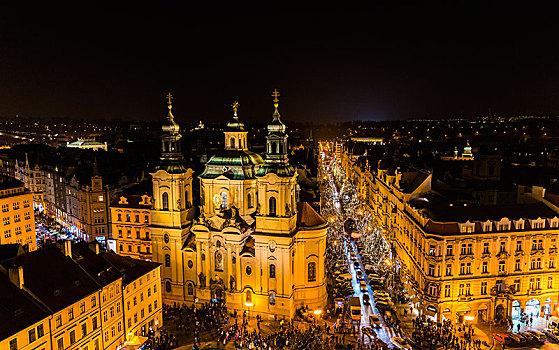 教堂,老城广场,风景,老市政厅,夜晚,历史,中心,布拉格,捷克共和国,欧洲