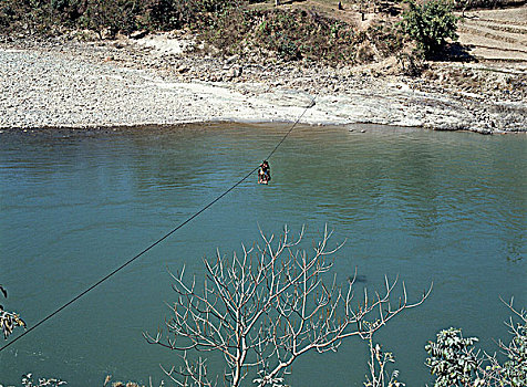 穿过,河,绳索,椅子,尼泊尔