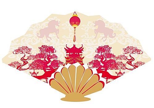 裝飾,打開,扇子,圖案,馬,平面設計