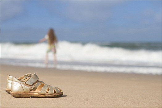 女孩,凉鞋,沙滩,海滩
