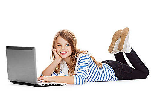 教育,科技,互联网,概念,微笑,小,学生,女孩,笔记本电脑,躺着,地面