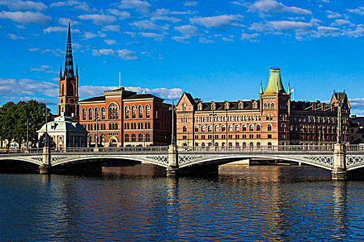 桥,河,正面,左边,右边,骑士岛,教堂,老,国家,档案馆,建筑,斯德哥尔摩,瑞典
