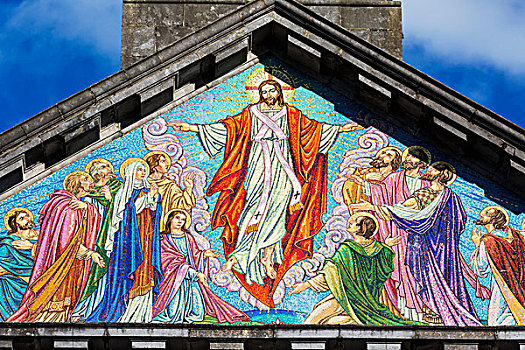 特写,彩色,图案,耶稣,教堂,脸,石头,顶峰,蓝天,蒂珀雷里郡,爱尔兰
