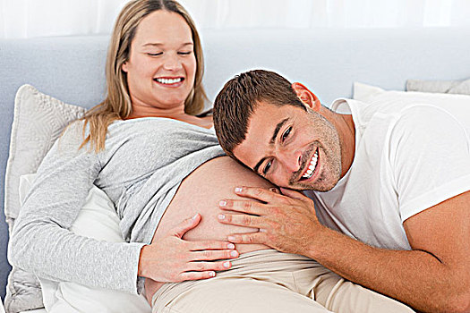 高兴,未来,爸爸,听,腹部,怀孕,妻子,床